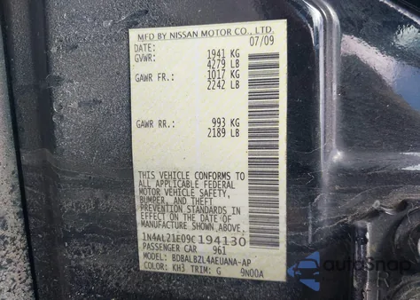 2009 Nissan Altima 2.5 S z USA, uszkodzony, nr VIN 1N4AL21E09C194130